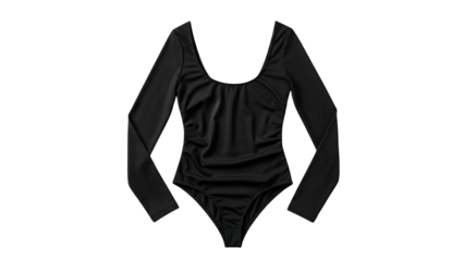 Sleek long sleeve black garment photographed against a solid dark background
