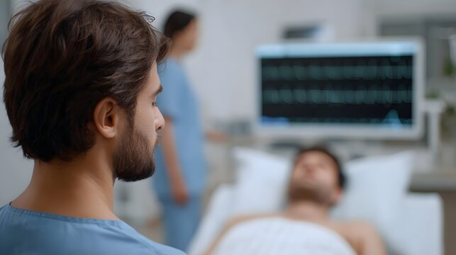 A medical professional observes a patient and vital signs monitor in a hospital setting