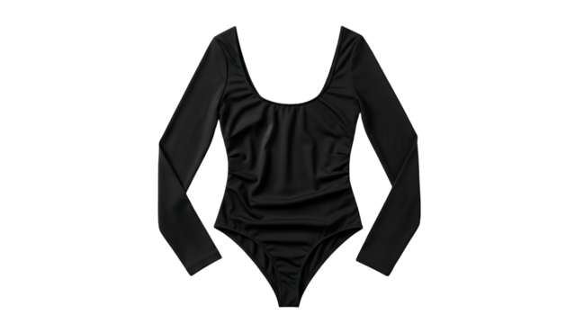 Sleek long sleeve black garment photographed against a solid dark background
