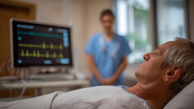 Elderly patient in hospital bed monitored by nurse near vital signs display