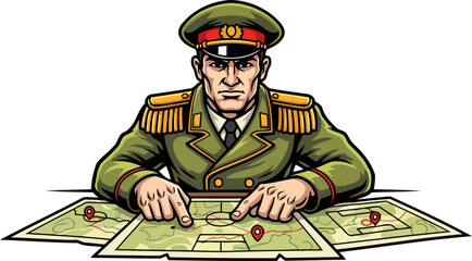 determined commander plotting critical path, executing strategic vision on a detailed map, isolated on transparent background