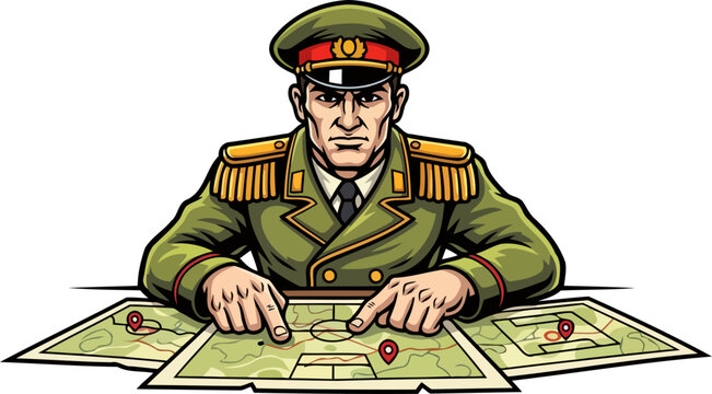 determined commander plotting critical path, executing strategic vision on a detailed map, isolated on transparent background - Powered by Adobe