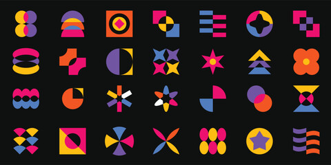 Colorful Retro Geometric Abstract Shapes on Black Background – Modern Minimal Vector Pattern
