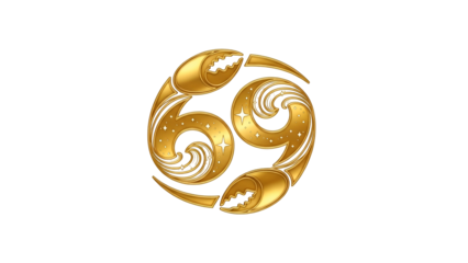Ornate golden glyph representing the astrological sign for Cancer is centered on a deep black background