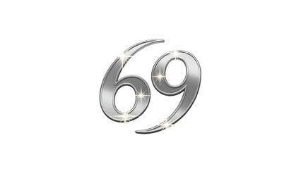 Shiny silver number sixty nine displayed prominently against a solid black background