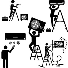 Air Conditioner Installation and Maintenance Black and White Icon Set