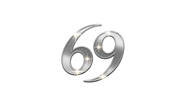 Shiny silver number sixty nine displayed prominently against a solid black background
