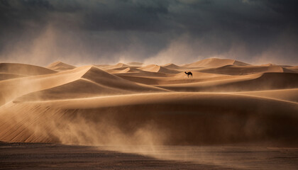A lone camel walks across vast sand dunes under a dramatic, stormy sky with wind blowing sand in a desert landscape.