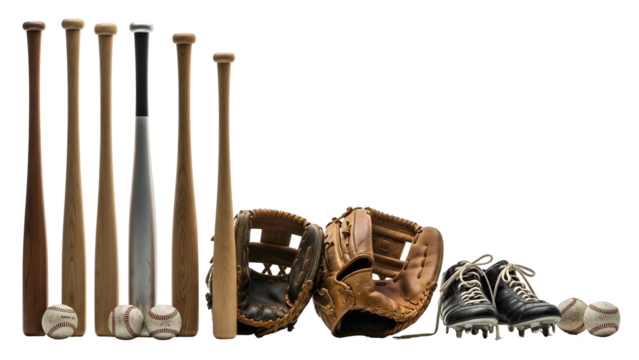 Assortment of wooden and metal sport striking implements alongside leather fielding mitts and studded athletic footwear with game spheres arranged on a dark surface.