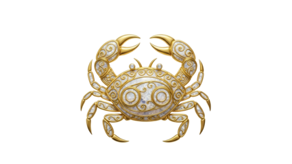 Ornate golden crab emblem displays intricate scrollwork and pearlescent details against a dark background