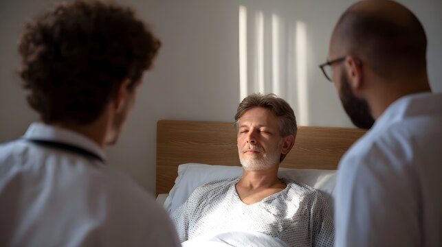 Doctors consult with a patient lying in a hospital bed illuminated by morning sunlight and shadows