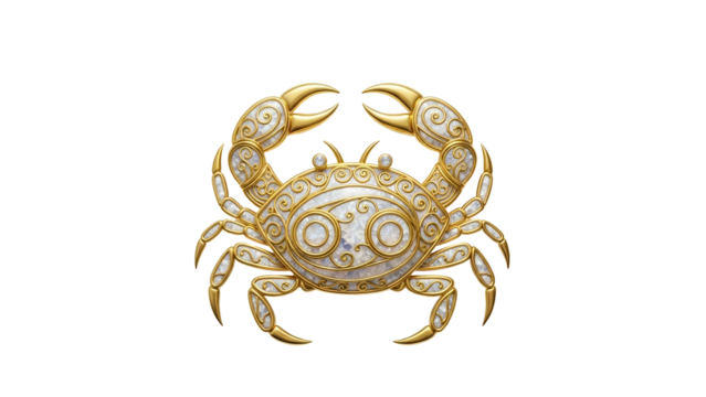 Ornate golden crab emblem displays intricate scrollwork and pearlescent details against a dark background