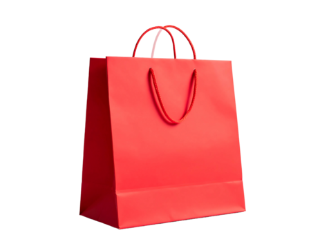 A vibrant, solid red shopping bag with matching rope handles, set against a transparent background, perfect for presentations