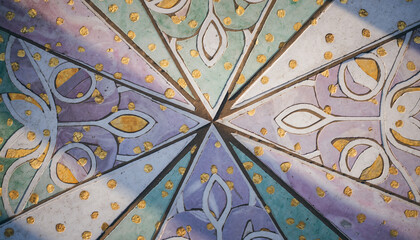 Detailed view of an ornate geometric and floral pattern with gold accents in purple, green, and blue hues.