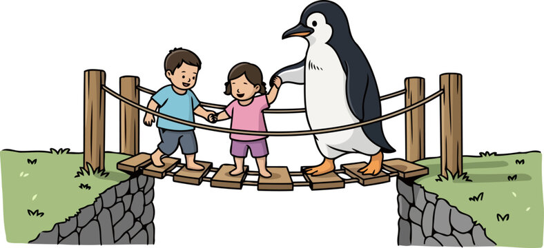 gentle guide friendly penguin helps children navigate precarious suspended bridge, isolated on transparent background
