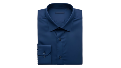 Crisp dark blue long sleeve button down garment folded neatly against a solid black background