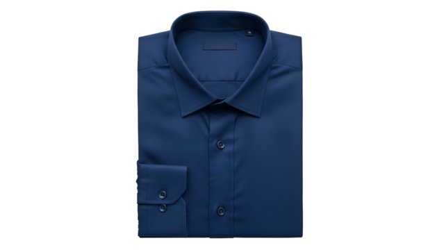 Crisp dark blue long sleeve button down garment folded neatly against a solid black background