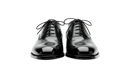 Polished black leather dress shoes stand facing forward against a dark background