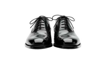 Polished black leather dress shoes stand facing forward against a dark background