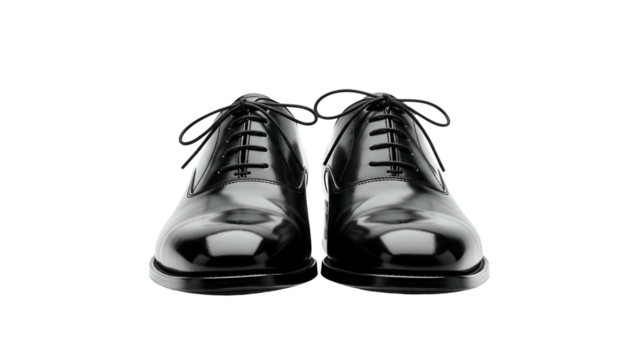 Polished black leather dress shoes stand facing forward against a dark background