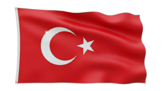 National banner featuring a white crescent moon and star symbol waving against a dark background