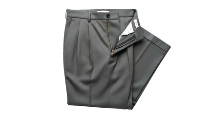 Tailored gray formal trousers are displayed open with a black background