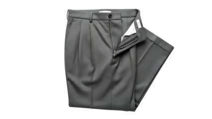 Tailored gray formal trousers are displayed open with a black background