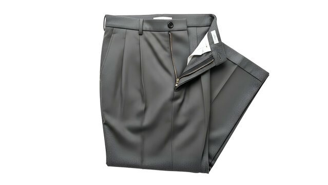 Tailored gray formal trousers are displayed open with a black background - Powered by Adobe