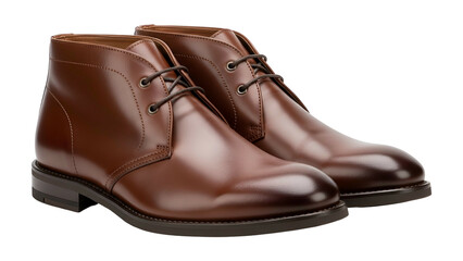 Polished leather ankle boots with dark laces are displayed against a pure black background