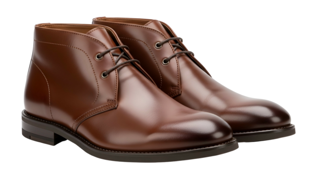 Polished leather ankle boots with dark laces are displayed against a pure black background