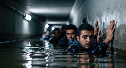 Group of migrants navigating through flooded tunnel, demonstrating struggle and resilience in the face of adversity, highlighting human grief and the refugee experience