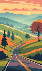Scenic road winding through hills at sunset
