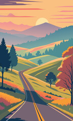 Scenic road winding through hills at sunset