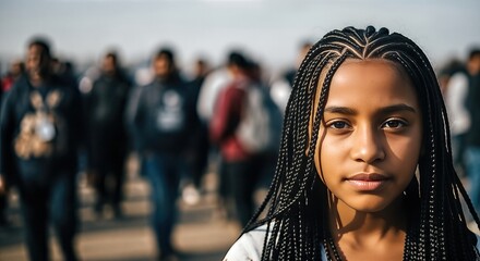 Young girl with braided hair stands in focus amidst a blurred crowd of migrants, conveying the emotional weight of human grief and resilience in challenging circumstances