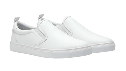 Pair of pristine white casual slip on sneakers isolated on a dark background