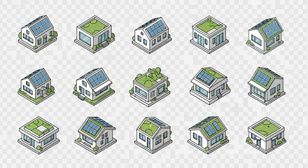 Isometric eco-friendly houses with solar panels and green roofs, showcasing sustainable architecture and environmental consciousness.