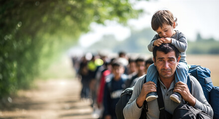 Man carrying child on shoulders walks along a dusty path with a long line of migrants behind him, symbolizing the journey of refugees facing hardship and human grief