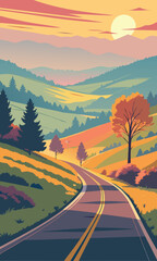 Scenic road winding through rolling hills at sunset
