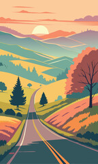 Scenic road winding through rolling hills at sunset