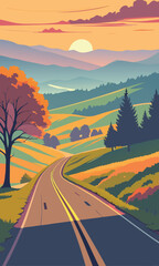 Scenic road winding through hills at sunset