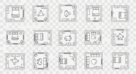 Collection of minimalist top-down outline drawings illustrating various furnished room layouts for interior design.