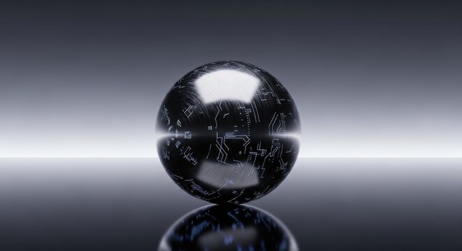 Futuristic Black Sphere with Digital Circuit Patterns