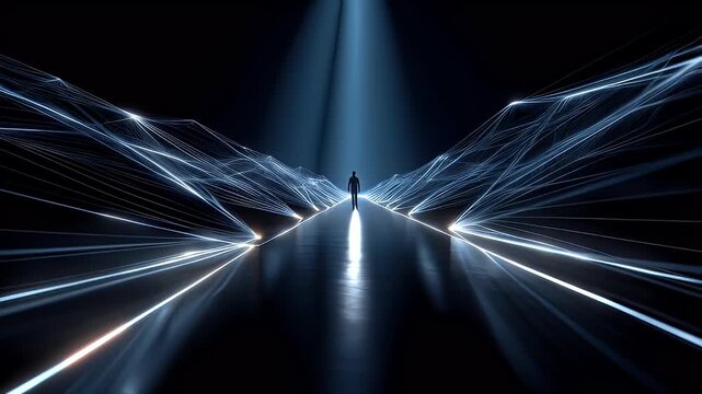 Abstract silhouette walking towards light concept