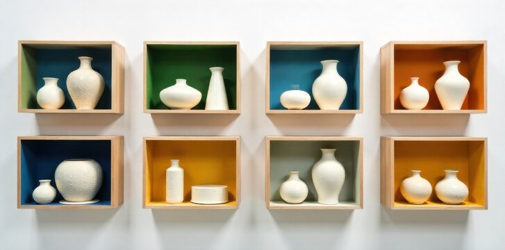 Modern floating shelves showcasing vibrant pottery and minimalist sculptures, with clean lines and ample negative space. A set of clean, modern floating shelves mounted on a plain wall. The shelves
