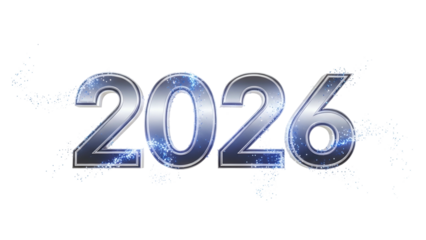 Metallic digital numerals representing the year twenty twenty six emerge from icy particles against a dark background
