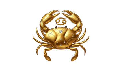 Ornate golden representation of the astrological symbol for the water sign Cancer against a dark background.
