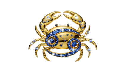 Ornate golden crab emblem studded with shimmering blue gemstones on a dark background