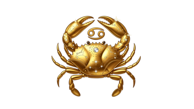 Ornate golden representation of the astrological symbol for the water sign Cancer against a dark background.