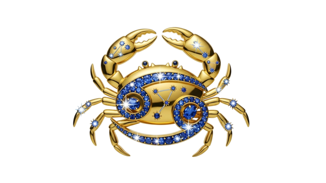 Ornate golden crab emblem studded with shimmering blue gemstones on a dark background