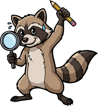 resourceful raccoon tackles challenges, blending careful scrutiny with inspired design, isolated on transparent background
